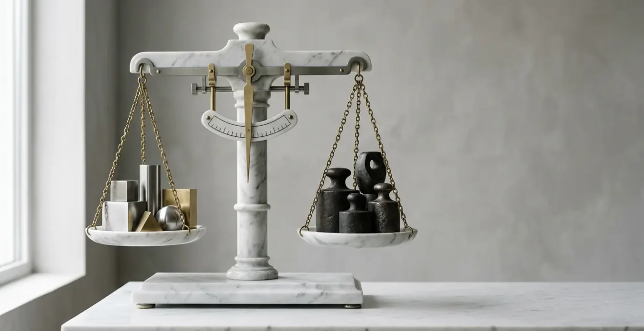 Composition conceptuelle représentant l'équilibre entre actifs et dettes pour mesurer la solvabilité financière d'une famille