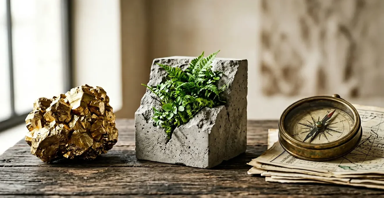 Composition visuelle symbolisant la diversification patrimoniale avec des éléments naturels évoquant la stabilité et la croissance