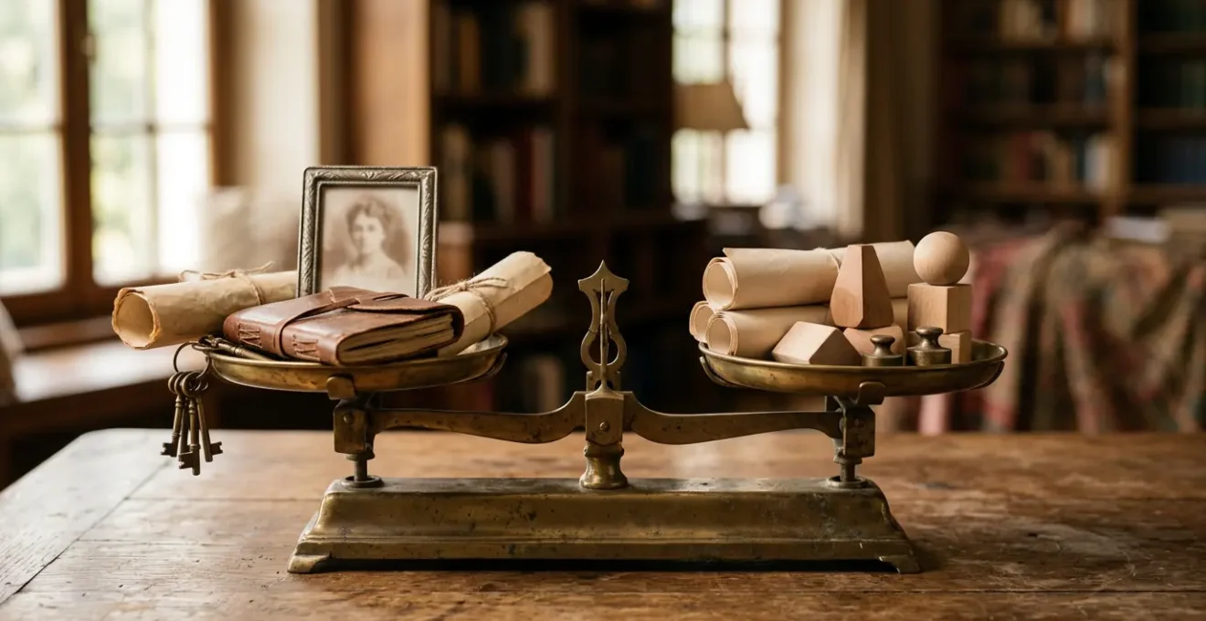 Vue symbolique d'un héritage familial avec balance équilibrée et objets patrimoniaux