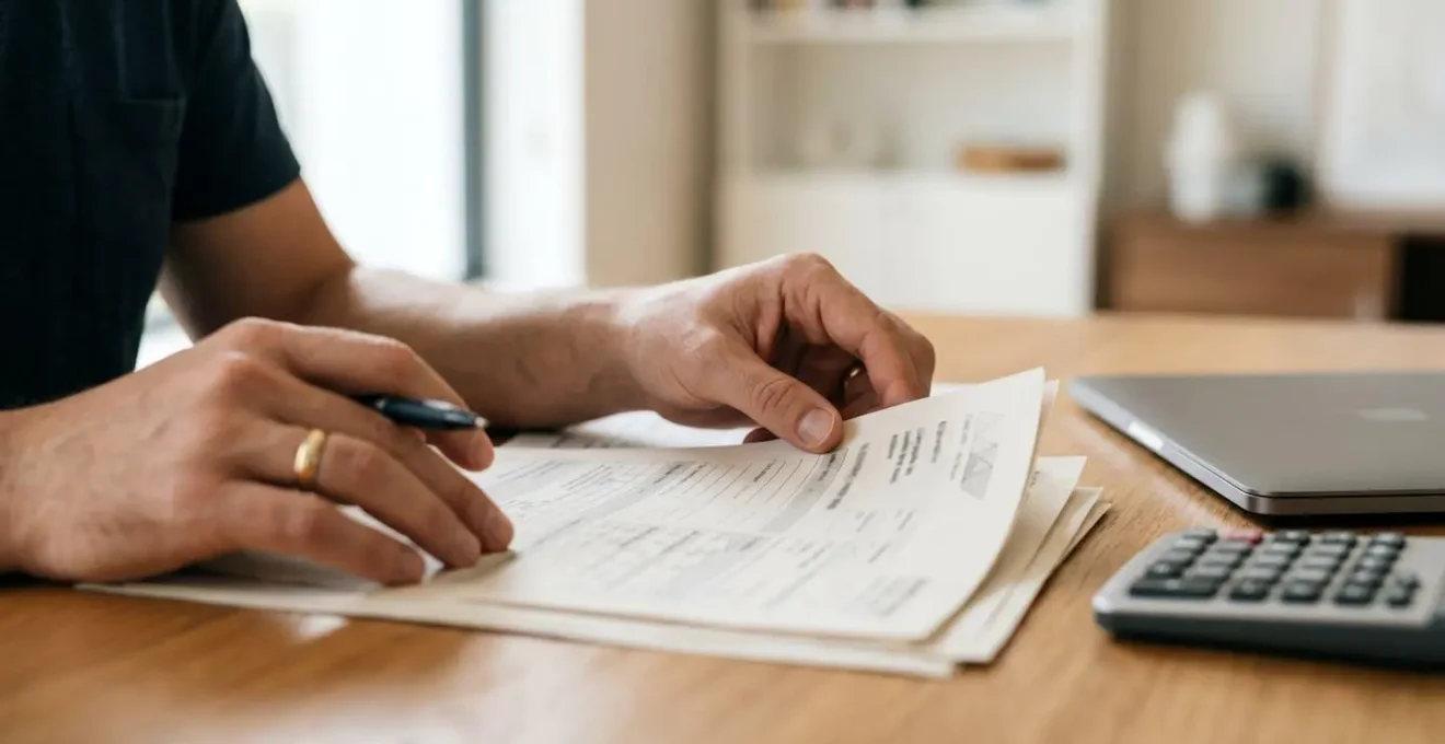 Personne examinant attentivement des documents fiscaux avec une calculatrice sur un bureau epure
