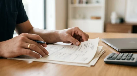 Personne examinant attentivement des documents fiscaux avec une calculatrice sur un bureau epure