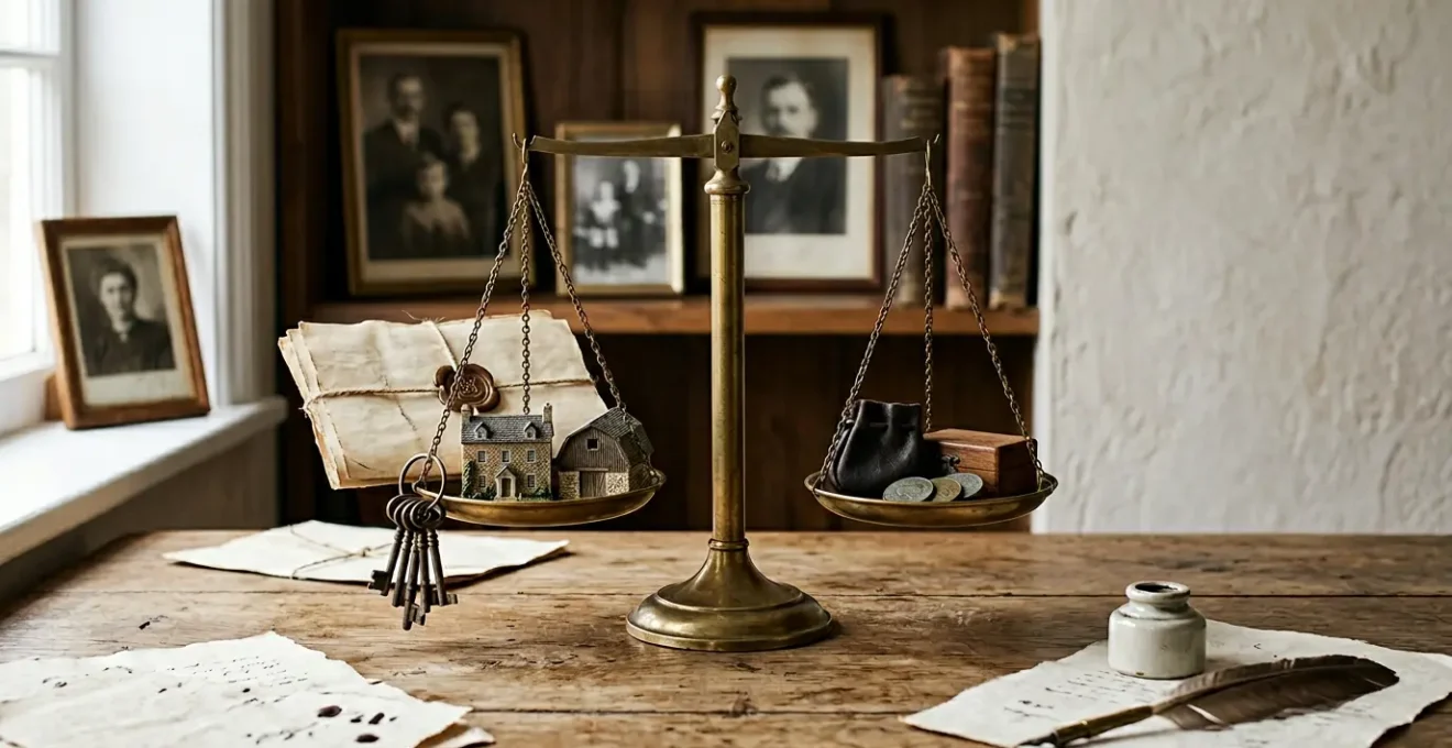 Scène photographique conceptuelle représentant la transmission patrimoniale et la succession familiale sans testament