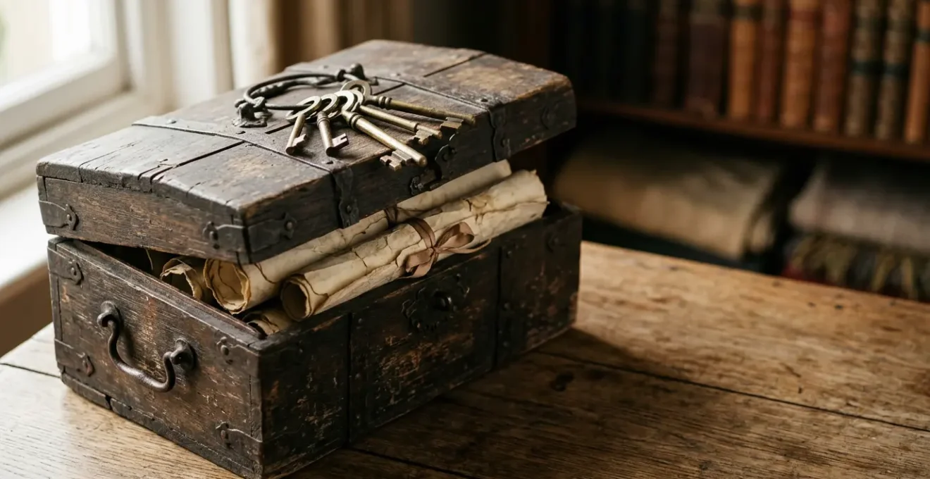 Coffre ancien en bois avec documents de succession et clés symbolisant la transmission patrimoniale sans taxation