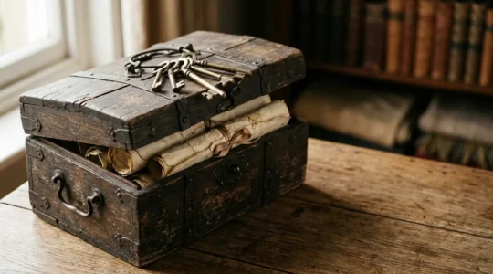 Coffre ancien en bois avec documents de succession et clés symbolisant la transmission patrimoniale sans taxation