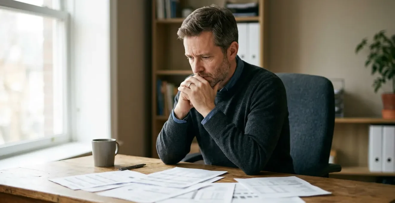 Personne en réflexion face à des documents administratifs relatifs à l'assurance invalidité