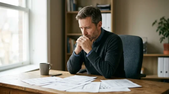 Personne en réflexion face à des documents administratifs relatifs à l'assurance invalidité