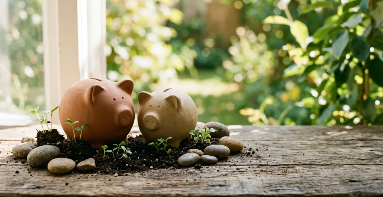 Composition symbolique représentant l'épargne solidaire et la transition écologique avec des éléments naturels et financiers