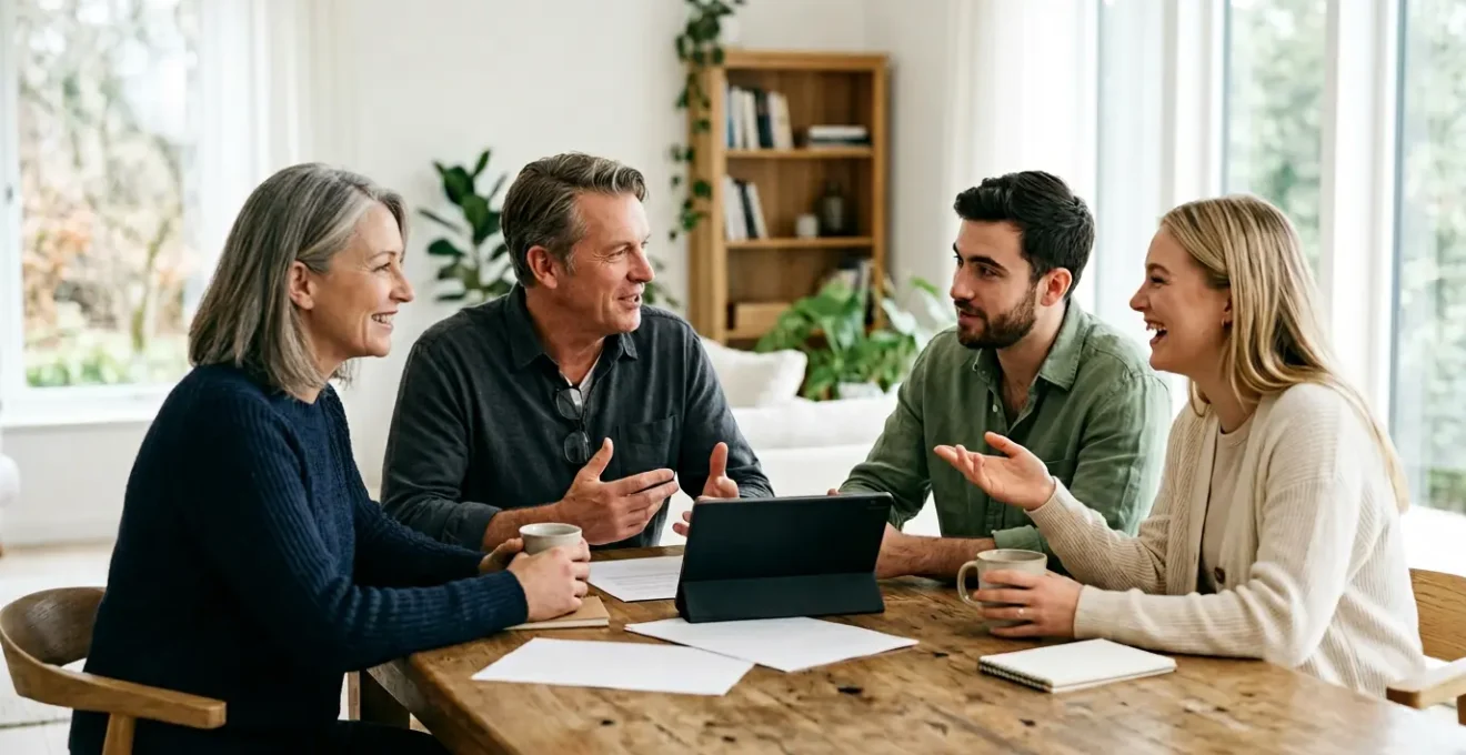 Transmission patrimoniale sereine entre générations dans un cadre familial chaleureux