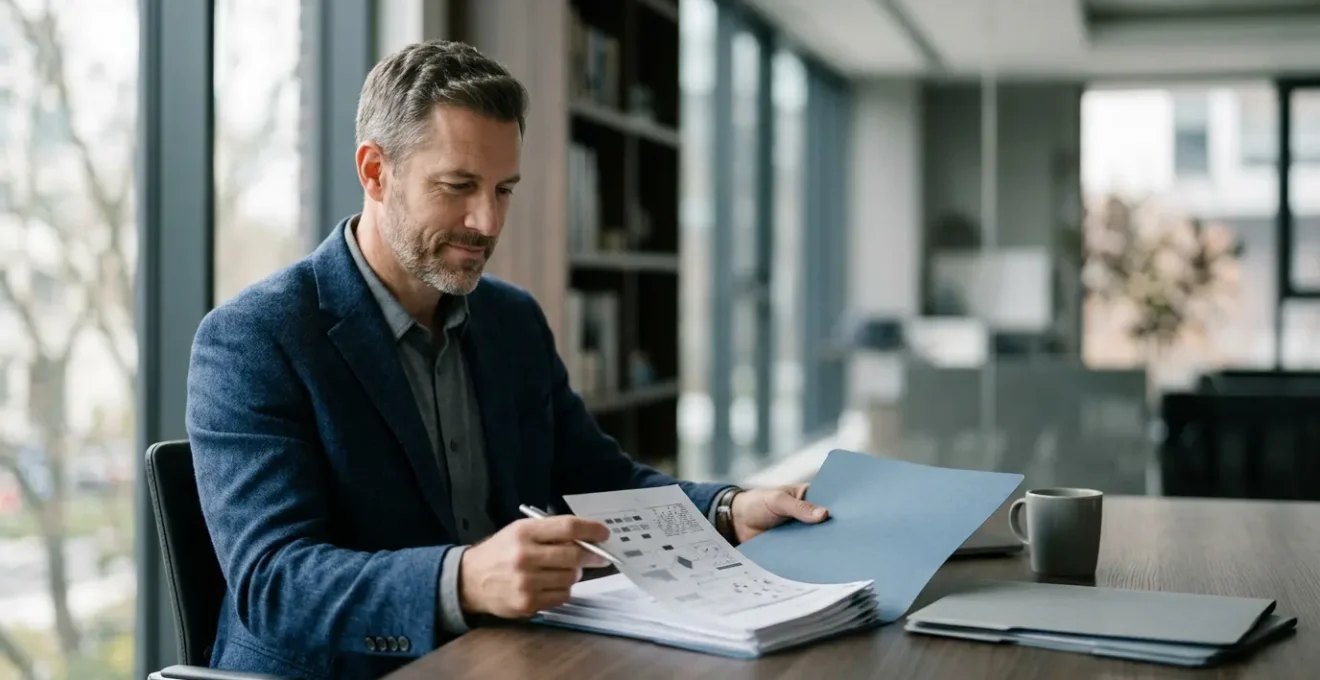 Professionnel de confiance examinant des documents stratégiques dans un environnement de bureau moderne
