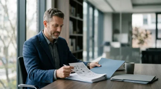 Professionnel de confiance examinant des documents stratégiques dans un environnement de bureau moderne