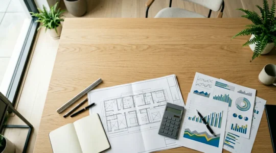 Vue d'ensemble d'un investisseur analysant les finances de son bien immobilier