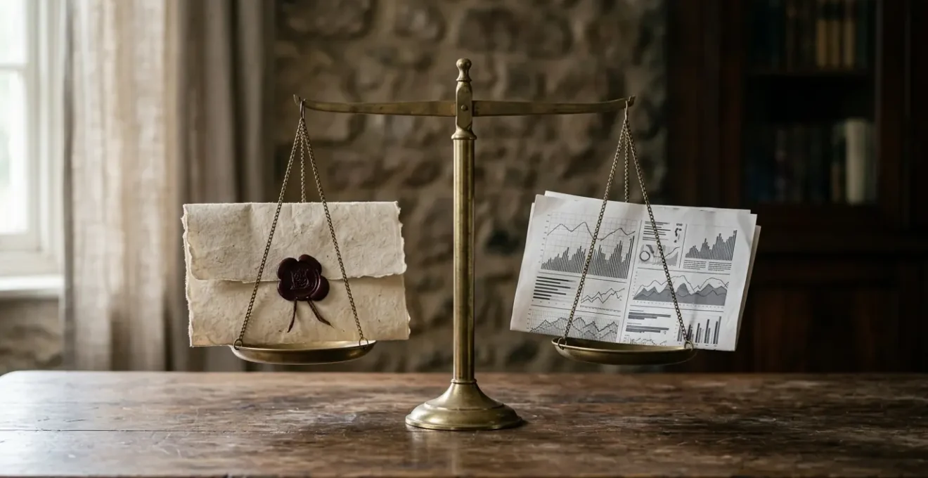 Composition symbolique illustrant l'équilibre entre testament et assurance-vie dans la planification successorale