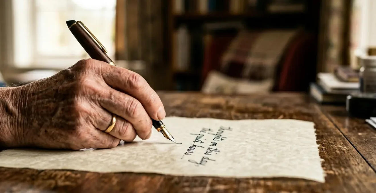 Main tenant une plume manuscrite rédigeant un testament olographe sur du papier vélin