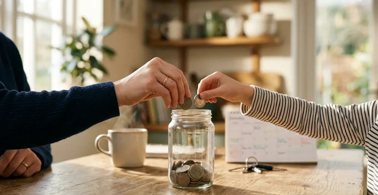 Une scène évoquant la sécurité financière et la gestion familiale de l'épargne avec une atmosphère rassurante et accessible