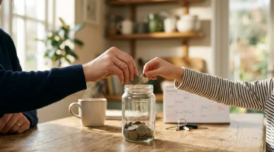 Une scène évoquant la sécurité financière et la gestion familiale de l'épargne avec une atmosphère rassurante et accessible