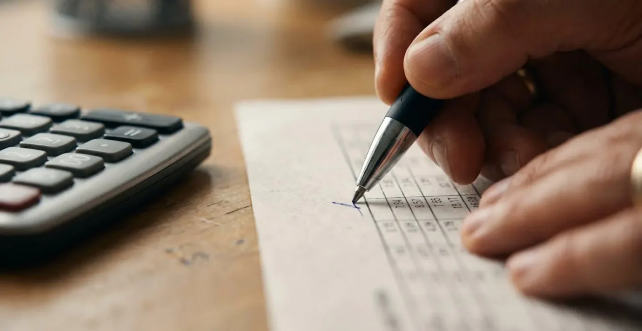 Gros plan sur des mains annotant des tableaux financiers montrant la strategie d'optimisation fiscale