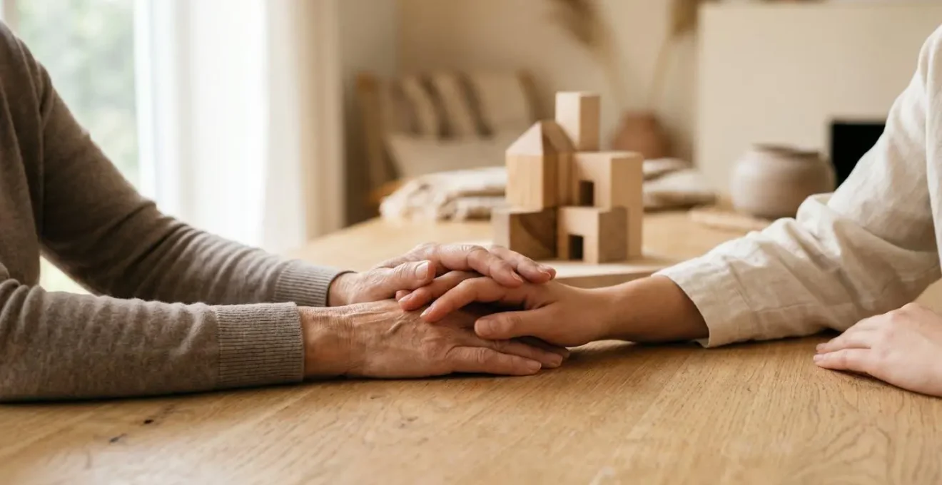 Métaphore visuelle de la transmission intergénérationnelle et du soutien familial dans un projet immobilier