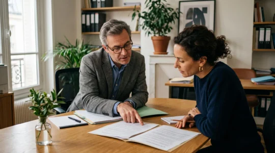 Financial advisor and client discussing life insurance options during a consultation in a professional office