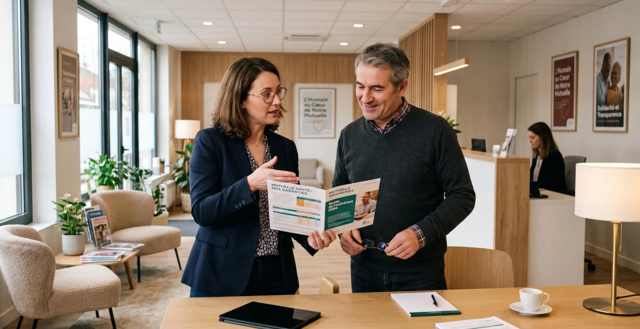Insurance advisor explaining contract details to a member in a mutual insurance company office