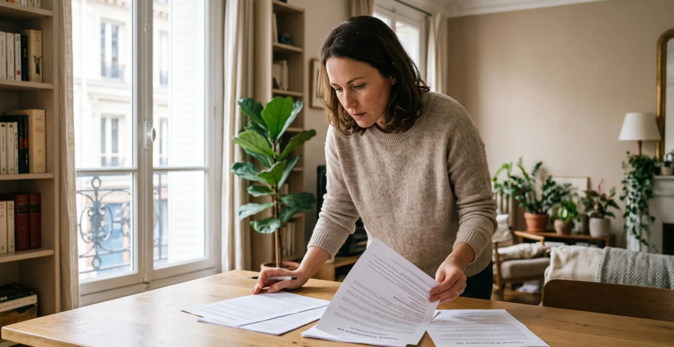 Woman reviewing and comparing life insurance contract documents at home