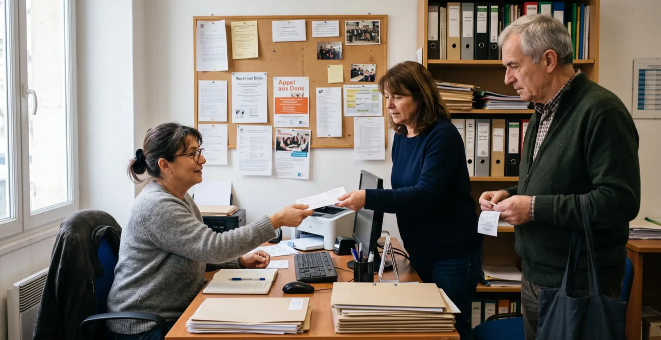 Des bénévoles échangent un reçu de don imprimé dans un bureau d'association tandis qu'un donateur observe l'échange.