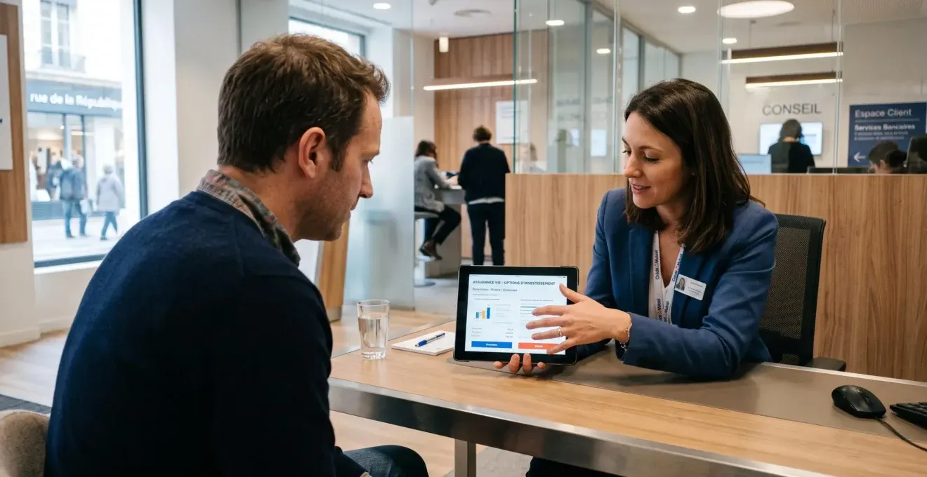 Bank advisor presenting life insurance options on a tablet to a client in a modern bank branch