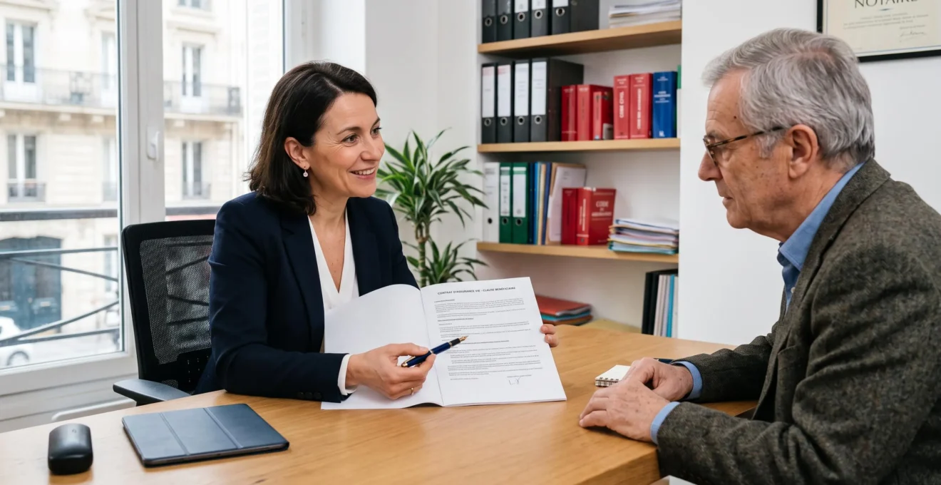 Conseiller en gestion de patrimoine expliquant les options de clause bénéficiaire d'assurance vie à un client senior dans un bureau de notaire