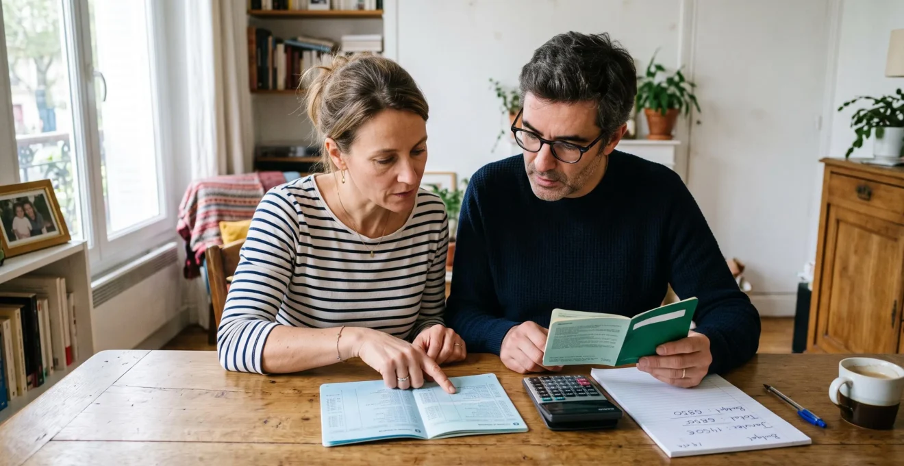 Un couple assis à la table d'un salon compare deux livrets d'épargne ouverts avec un calculateur et des notes manuscrites.