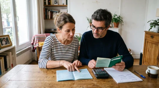 Un couple assis à la table d'un salon compare deux livrets d'épargne ouverts avec un calculateur et des notes manuscrites.