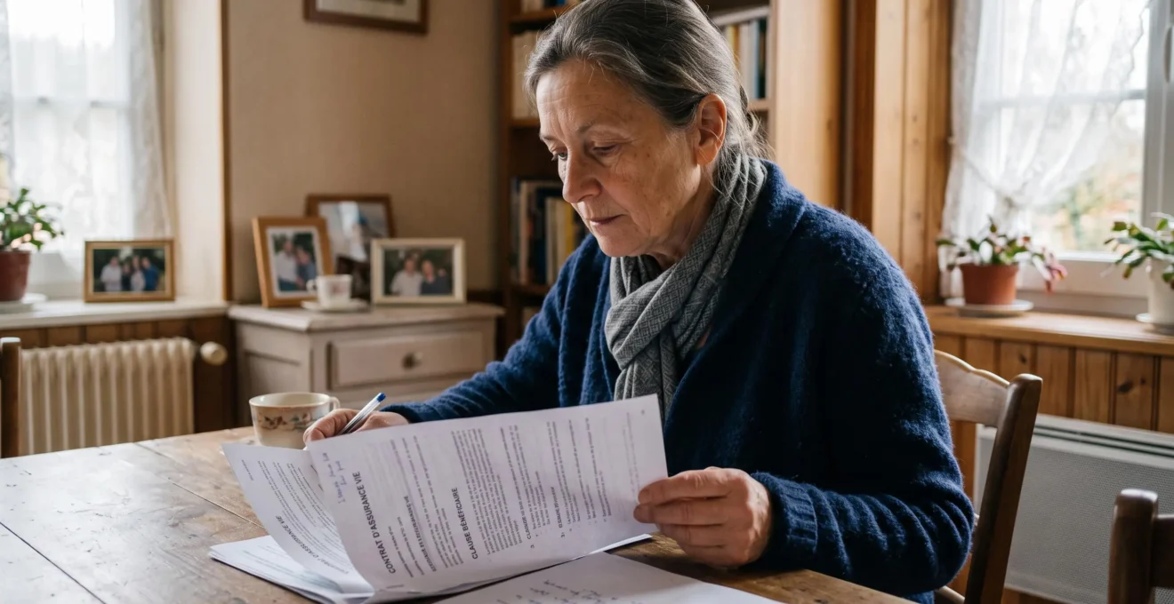 Femme senior consultant ses documents de contrat d'assurance vie à domicile à la lumière naturelle