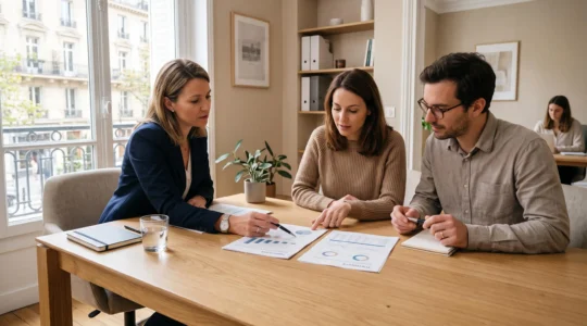 Un conseiller présente deux dossiers d'investissement à un couple dans un bureau.