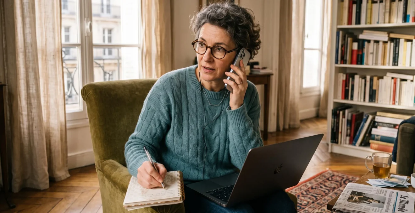 Une femme compare des options d'épargne sur ordinateur tout en prenant des notes.