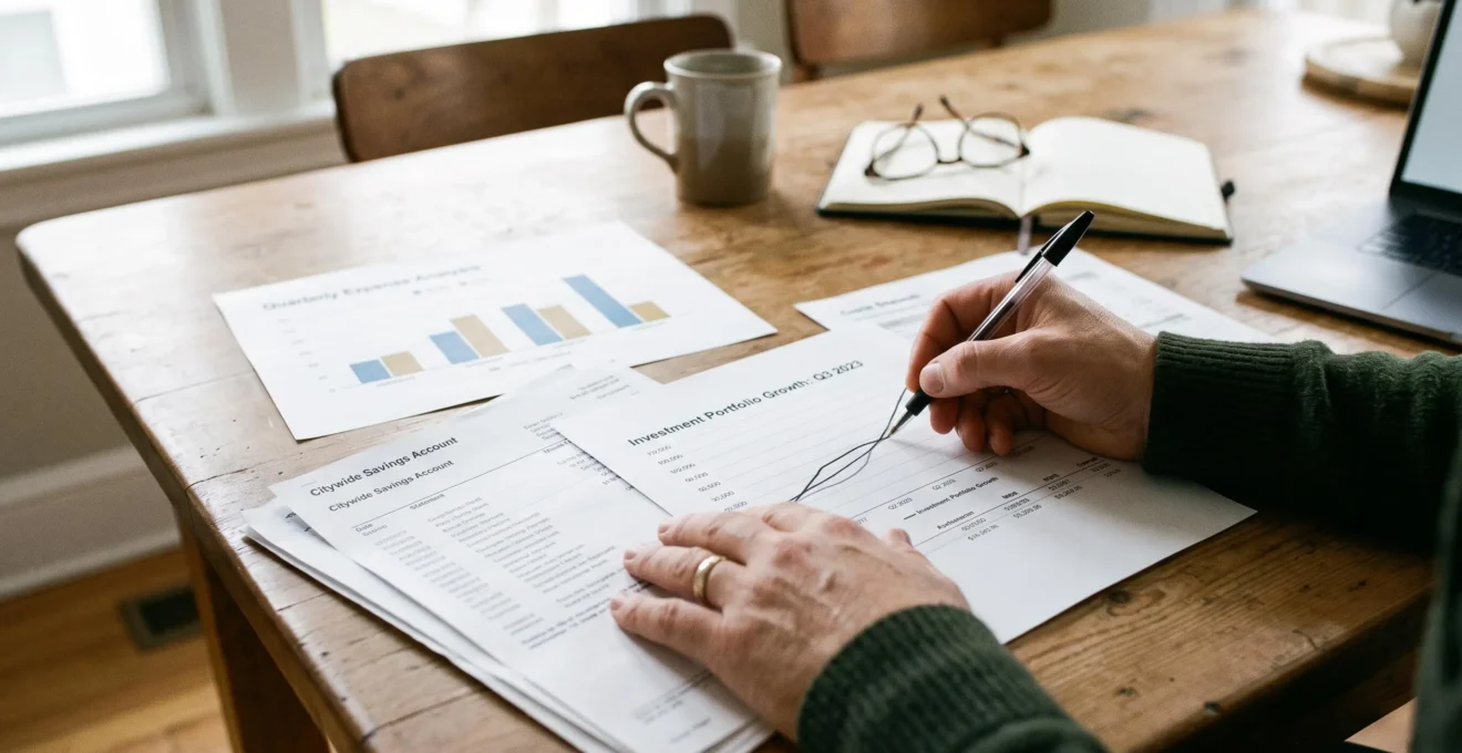 Des mains analysent des graphiques de performance imprimés sur une table domestique.